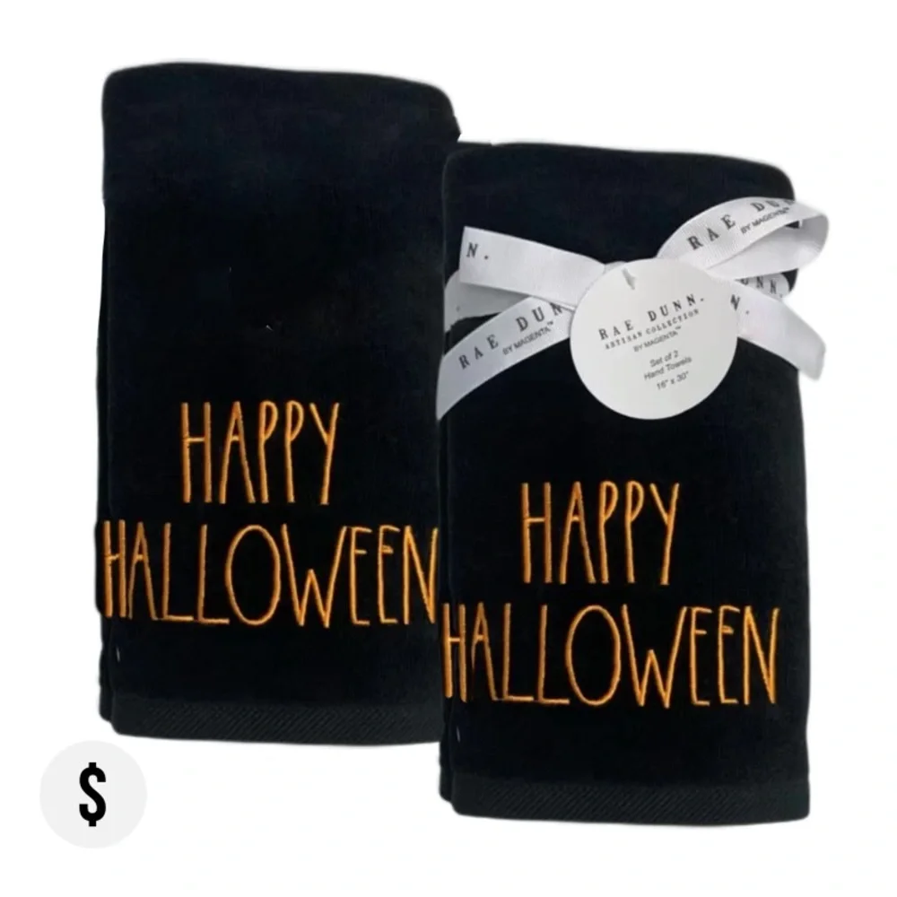 Rae Dunn Happy Halloween Hand Towels Black Towels with Orange Halloween Text